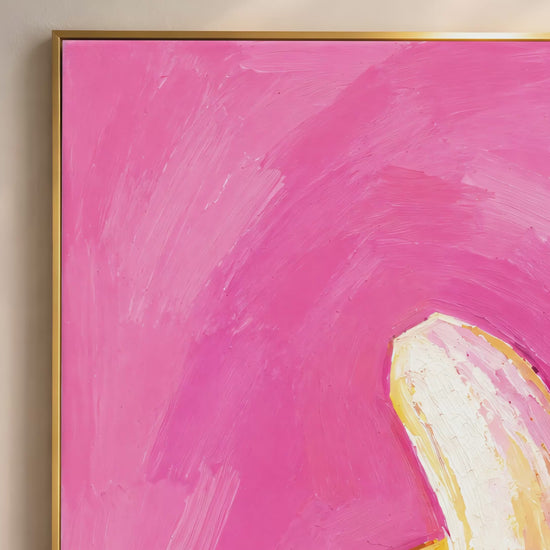 Video thumbnail close-up of impasto peeled banana painting showing golden yellow banana flesh against swirling hot pink brushwork
