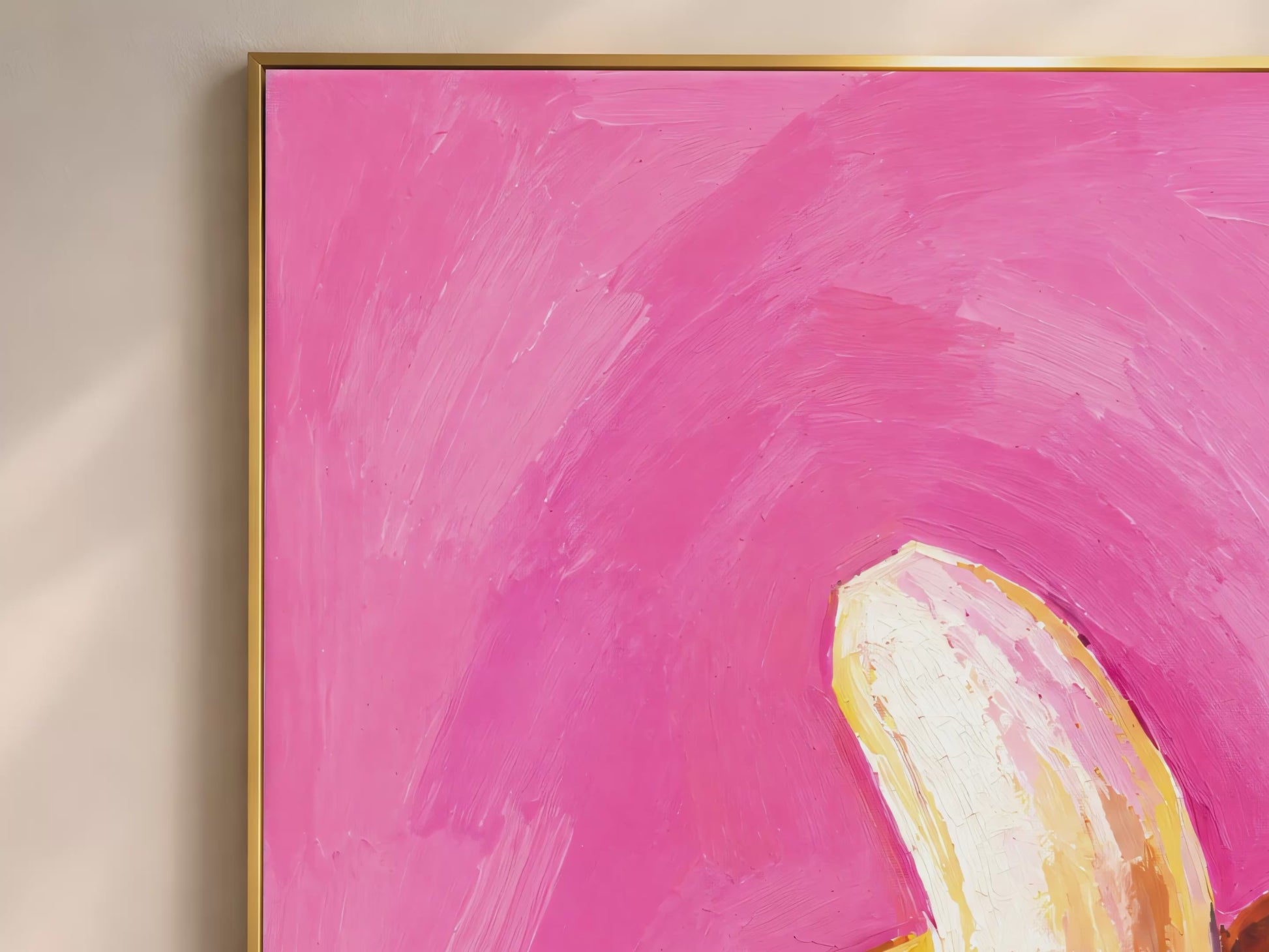 Video thumbnail close-up of impasto peeled banana painting showing golden yellow banana flesh against swirling hot pink brushwork
