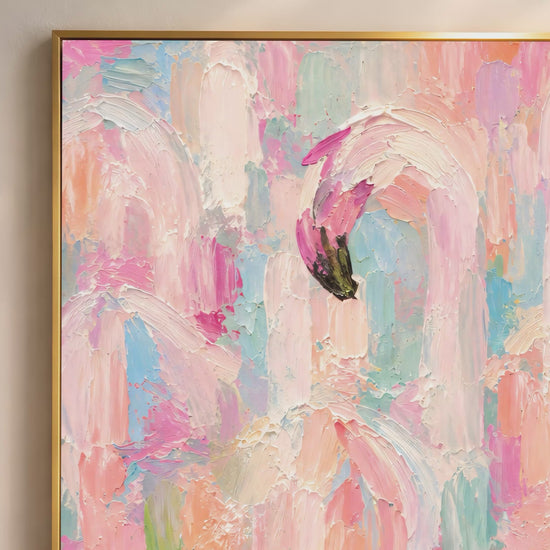 Video thumbnail close-up of impasto flamingo flock painting showing thick brushwork detail in hot pink, blush, and mint tones
