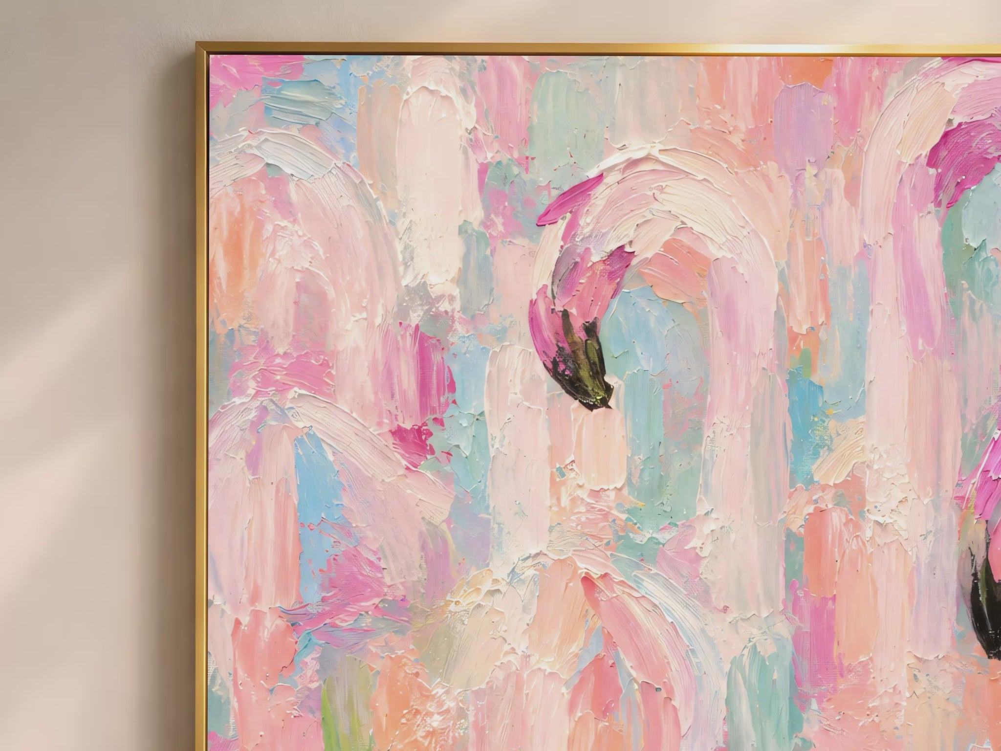 Video thumbnail close-up of impasto flamingo flock painting showing thick brushwork detail in hot pink, blush, and mint tones
