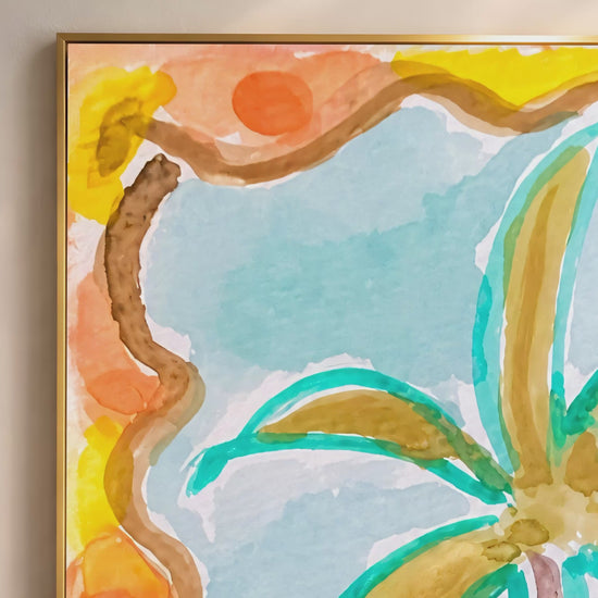 Retro palm tree print video mockup thumbnail showing the full watercolor illustration with teal fronds and wavy orange border in a warm interior setting
