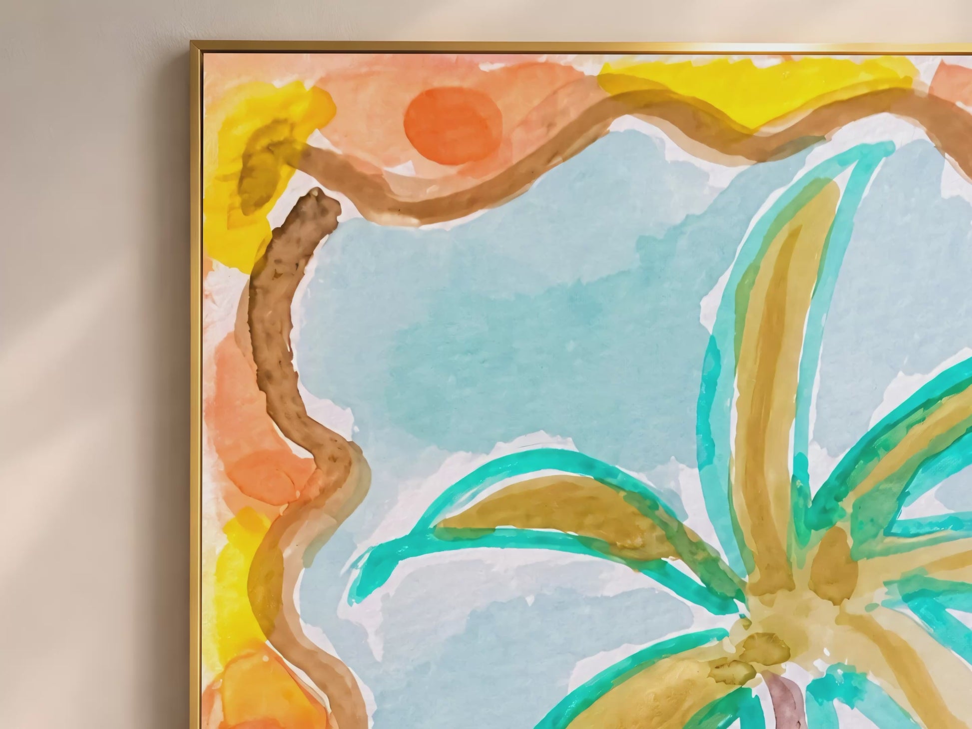 Retro palm tree print video mockup thumbnail showing the full watercolor illustration with teal fronds and wavy orange border in a warm interior setting
