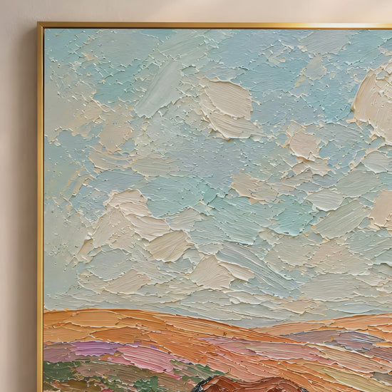 Two chestnut horses in a floral field impasto oil painting video mockup thumbnail showing the full painting with chalky sky, golden hills, and pink wildflowers in a warm interior setting
