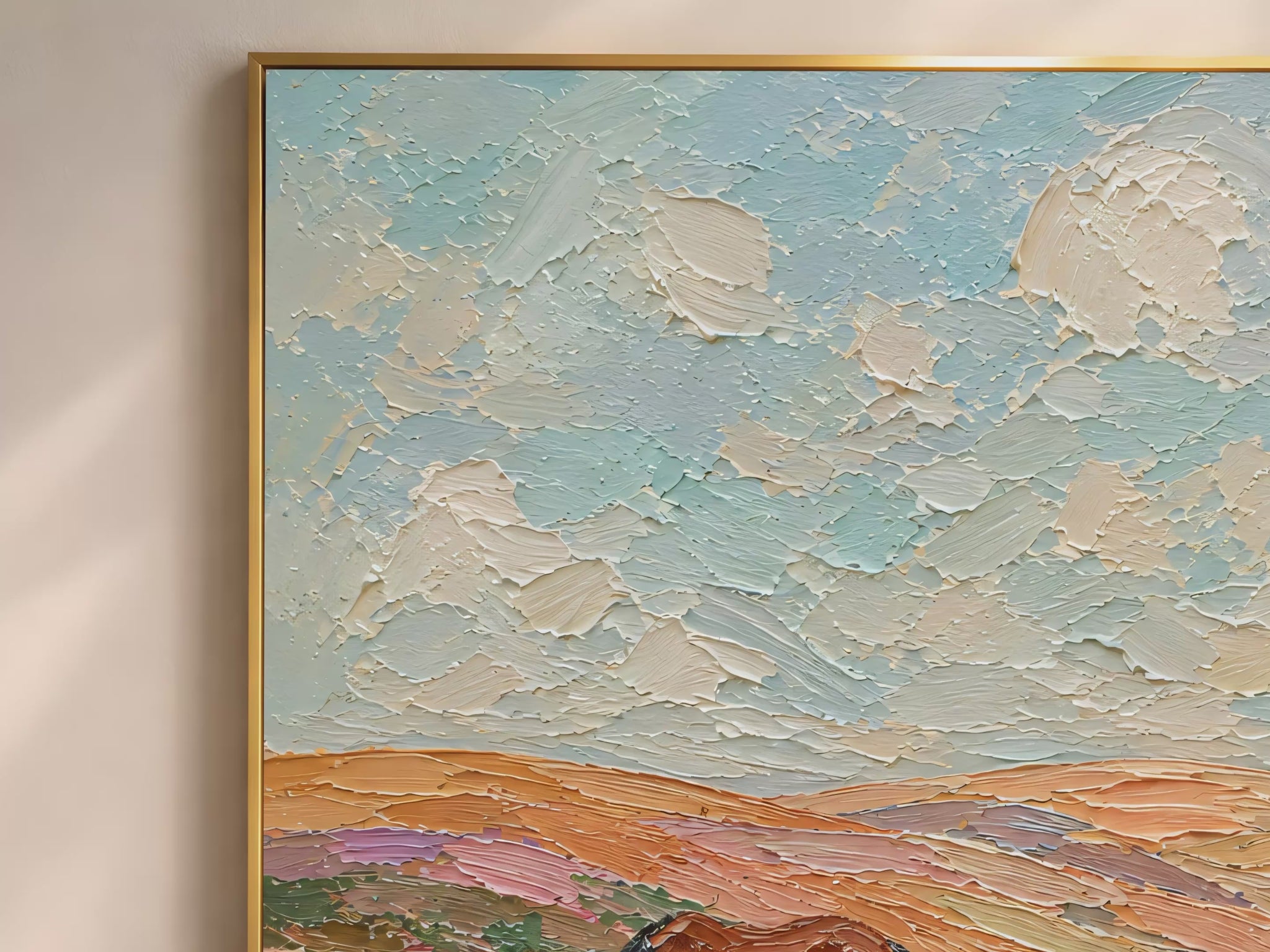 Two chestnut horses in a floral field impasto oil painting video mockup thumbnail showing the full painting with chalky sky, golden hills, and pink wildflowers in a warm interior setting
