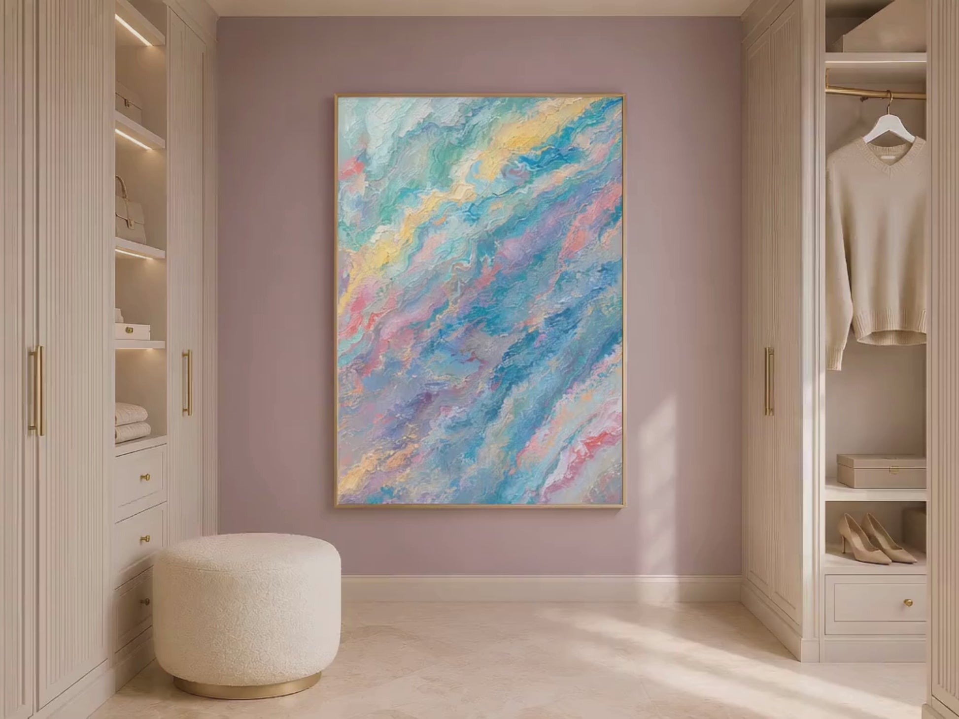 Pastel teal pink abstract swirl print in gold frame leaning against mauve wall on light wood floor with cream ottoman (video)
