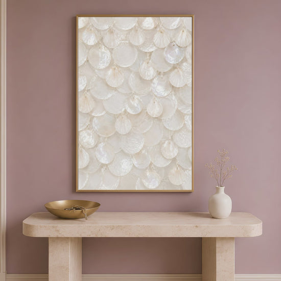 Video preview of white capiz shell wall art framed above a console table in a sunlit entryway