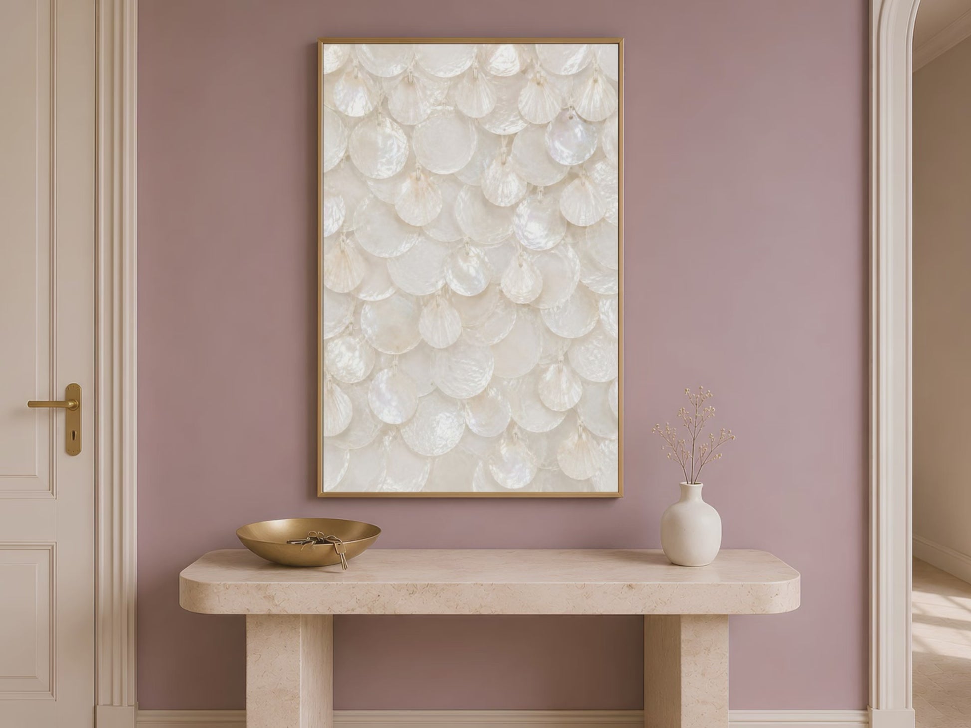 Video preview of white capiz shell wall art framed above a console table in a sunlit entryway