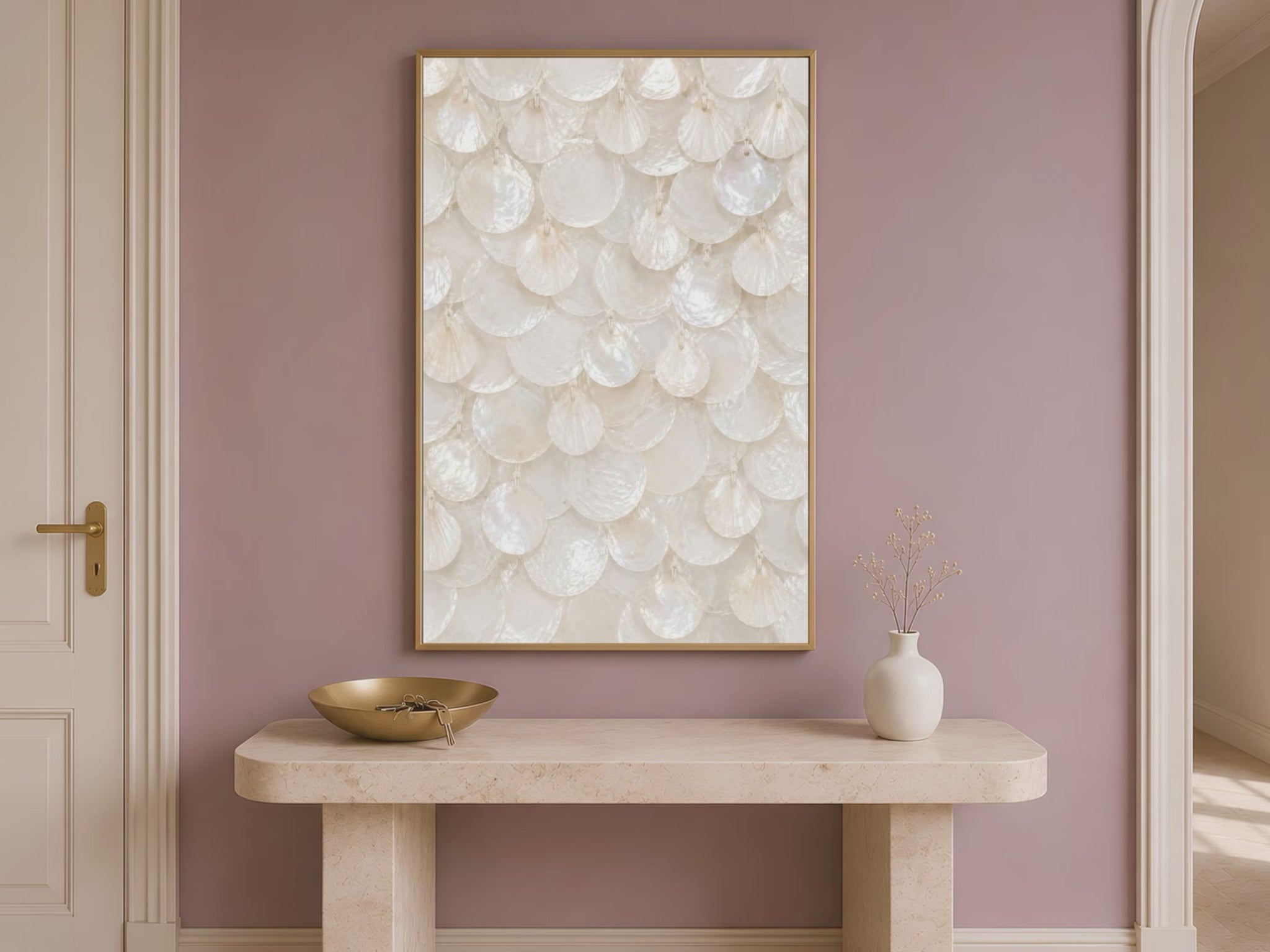 Video preview of white capiz shell wall art framed above a console table in a sunlit entryway