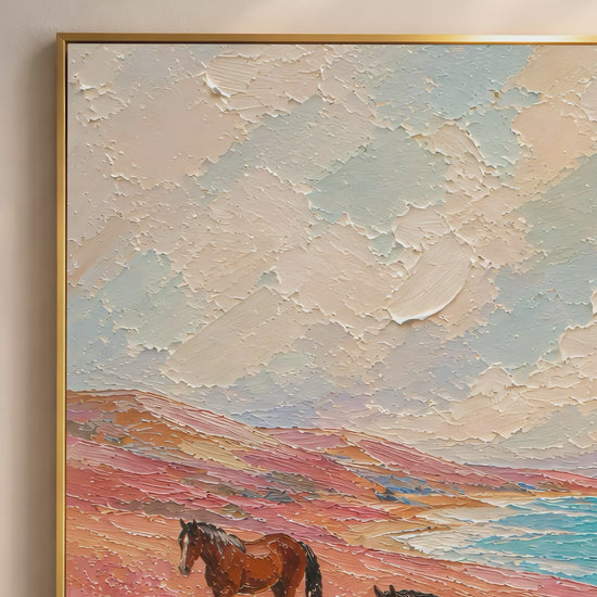 Three chestnut horses in a coastal floral meadow impasto oil painting video mockup thumbnail showing the full painting with turquoise ocean, pink wildflowers, and creamy impasto sky in a warm interior setting
