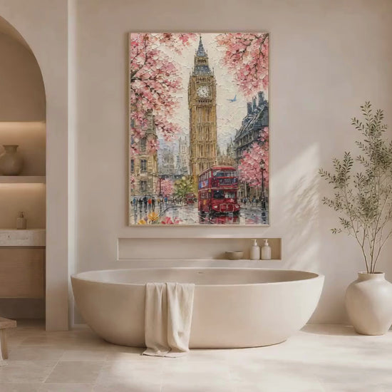 London Big Ben cherry blossom impasto print in a wood frame displayed in a serene Scandinavian bedroom with cream linen bedding, warm wood furniture, and soft ambient light