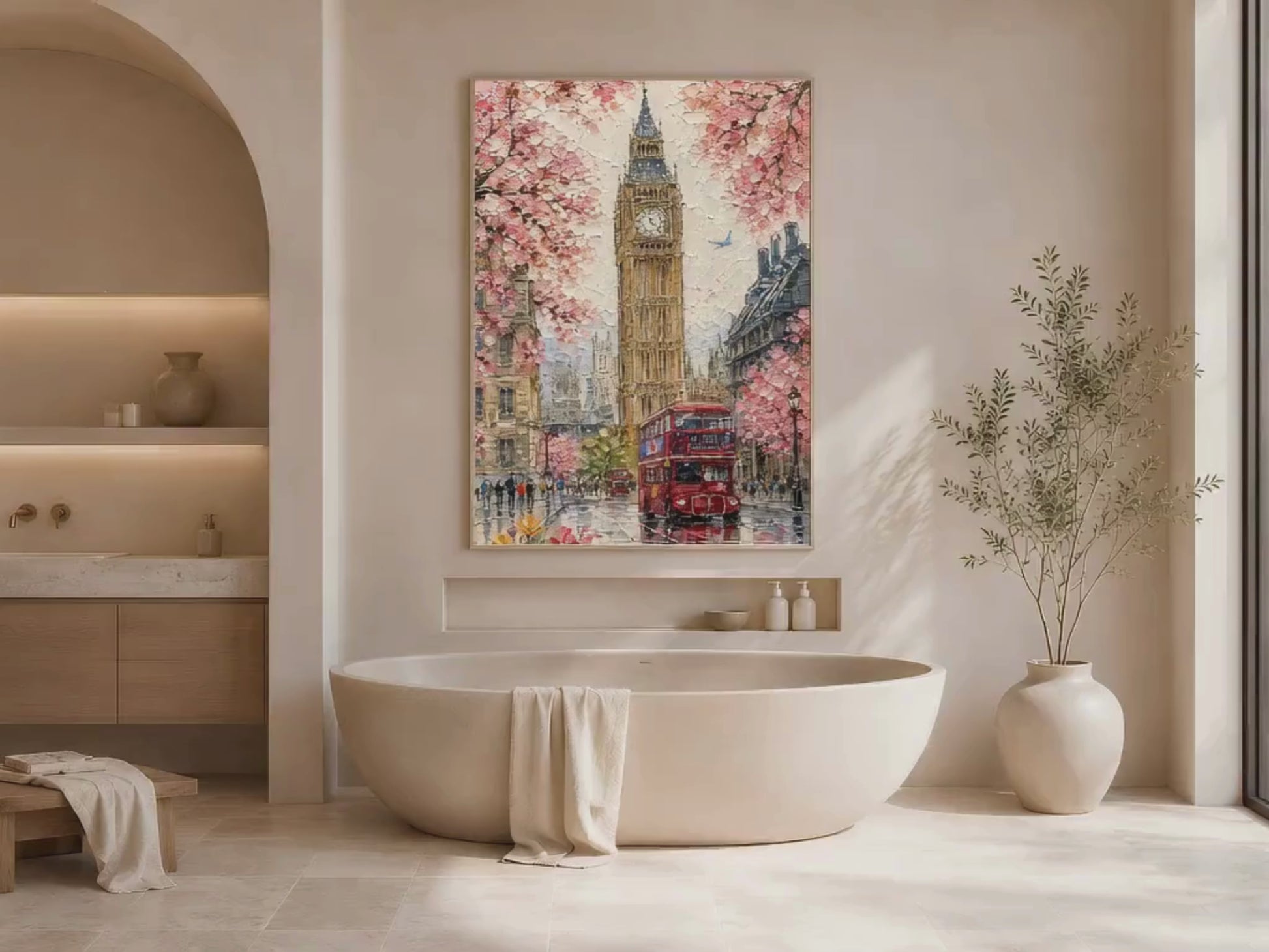 London Big Ben cherry blossom impasto print in a wood frame displayed in a serene Scandinavian bedroom with cream linen bedding, warm wood furniture, and soft ambient light