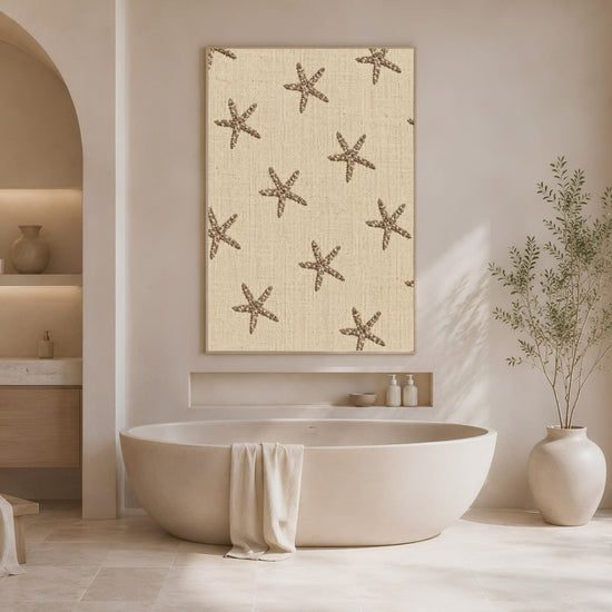 Video preview of embroidered starfish wall art framed above a bathroom vanity