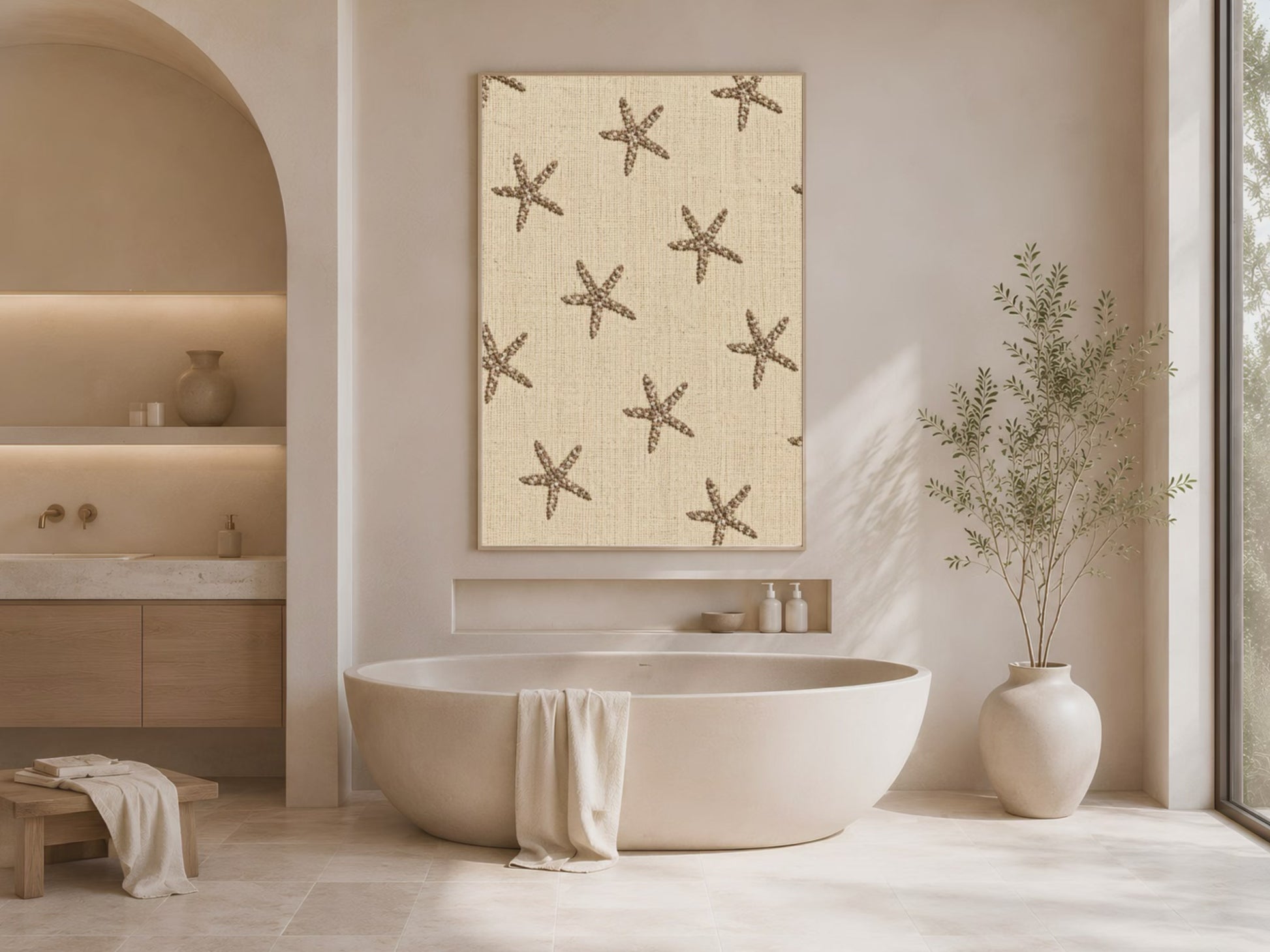 Video preview of embroidered starfish wall art framed above a bathroom vanity