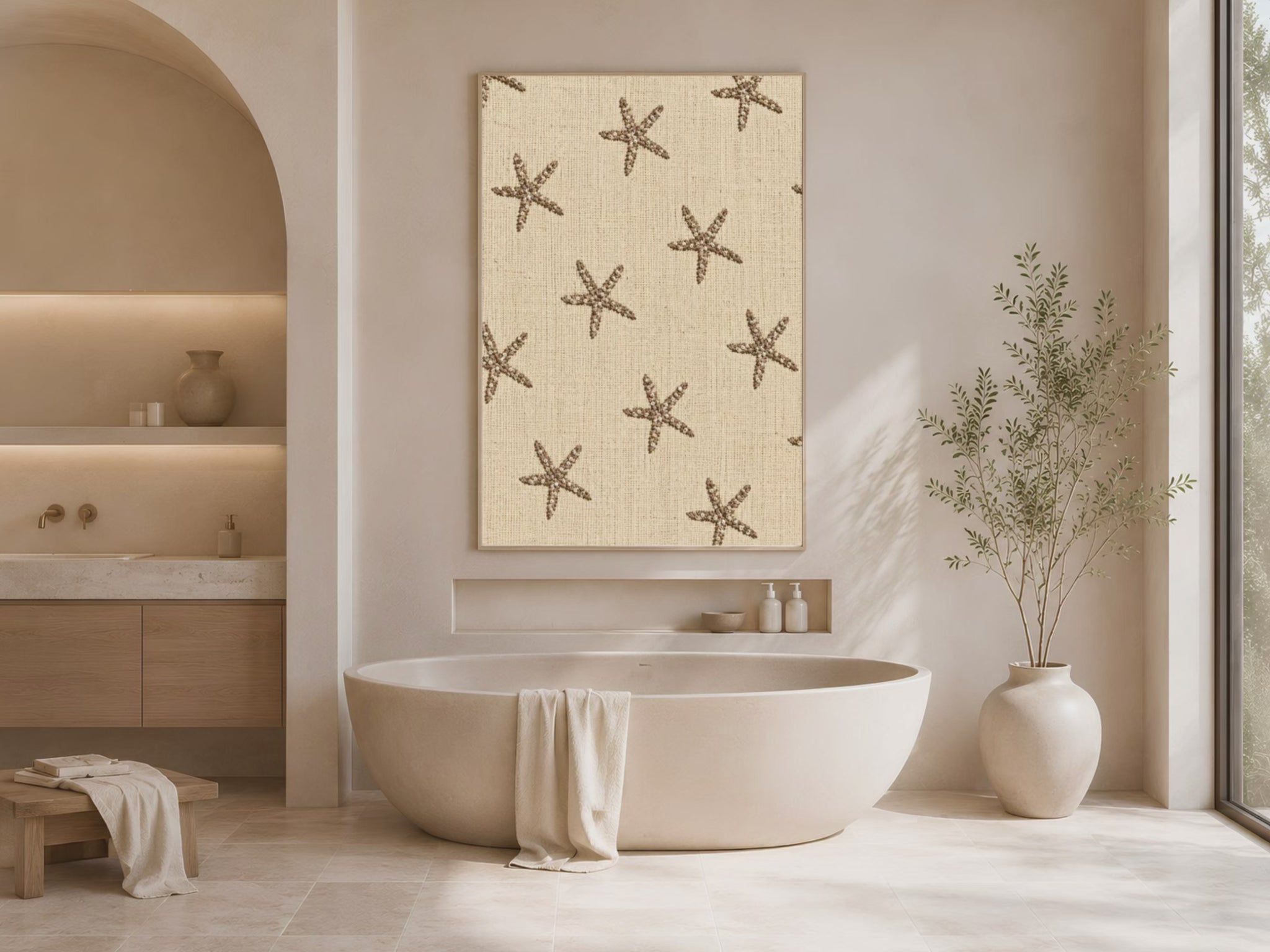 Video preview of embroidered starfish wall art framed above a bathroom vanity
