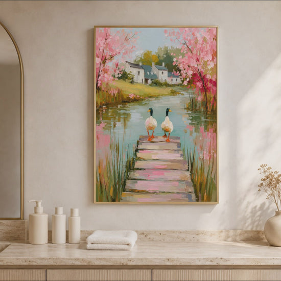 Mallard duck wall art framed above a vanity nook with arched shelving and greenery