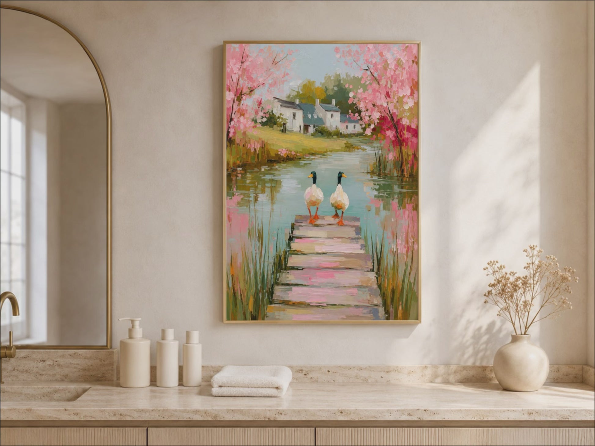 Mallard duck wall art framed above a vanity nook with arched shelving and greenery