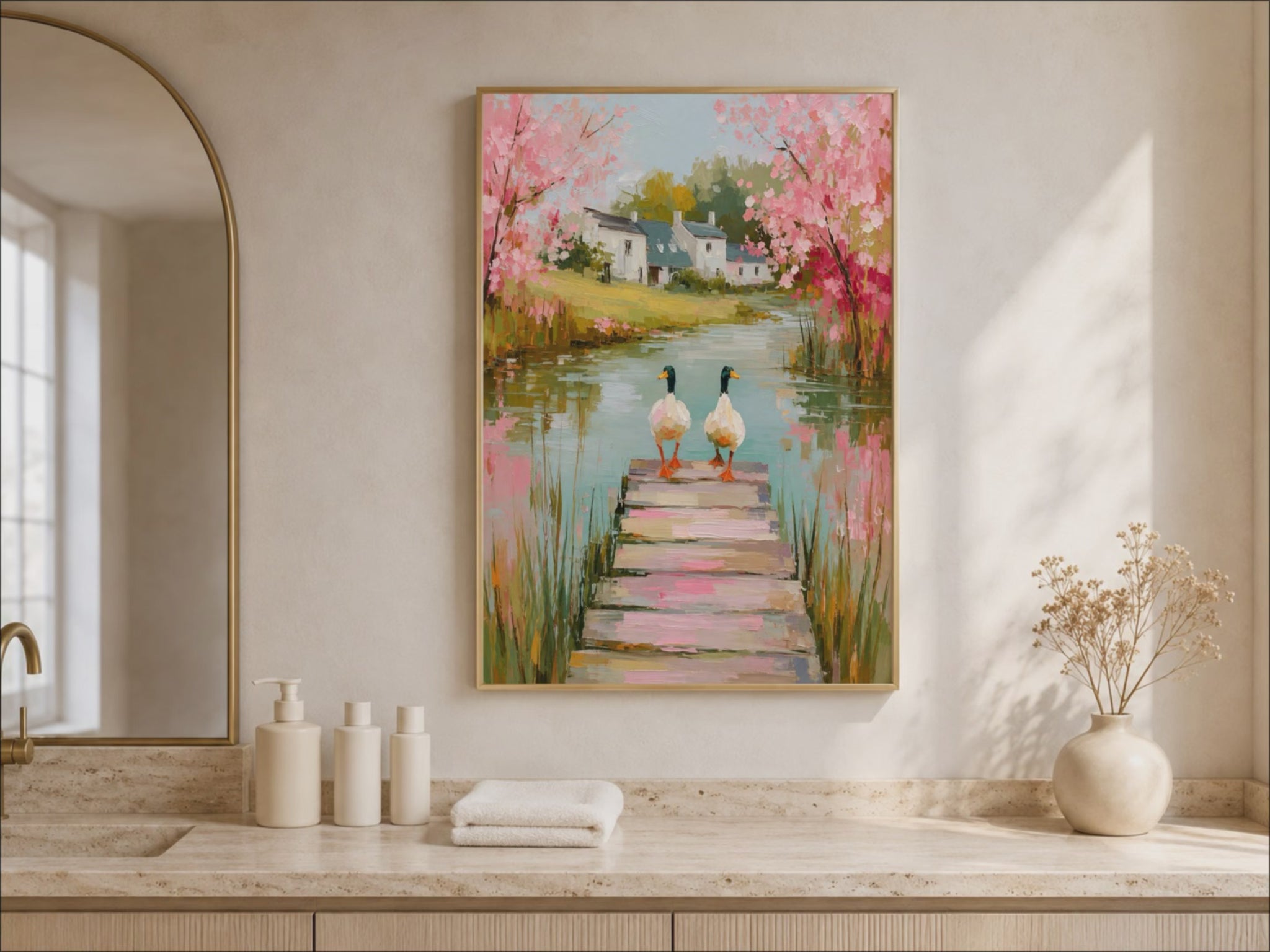 Mallard duck wall art framed above a vanity nook with arched shelving and greenery