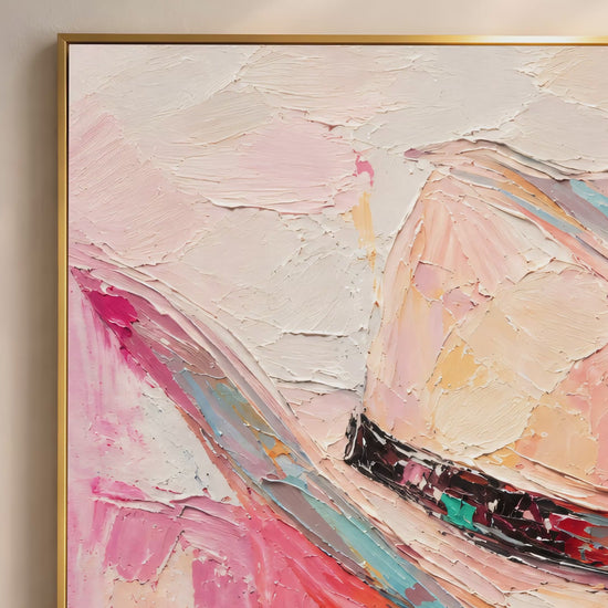 Video thumbnail close-up of impasto cowgirl hat wall art showing blush, pink, and teal brushwork texture detail
