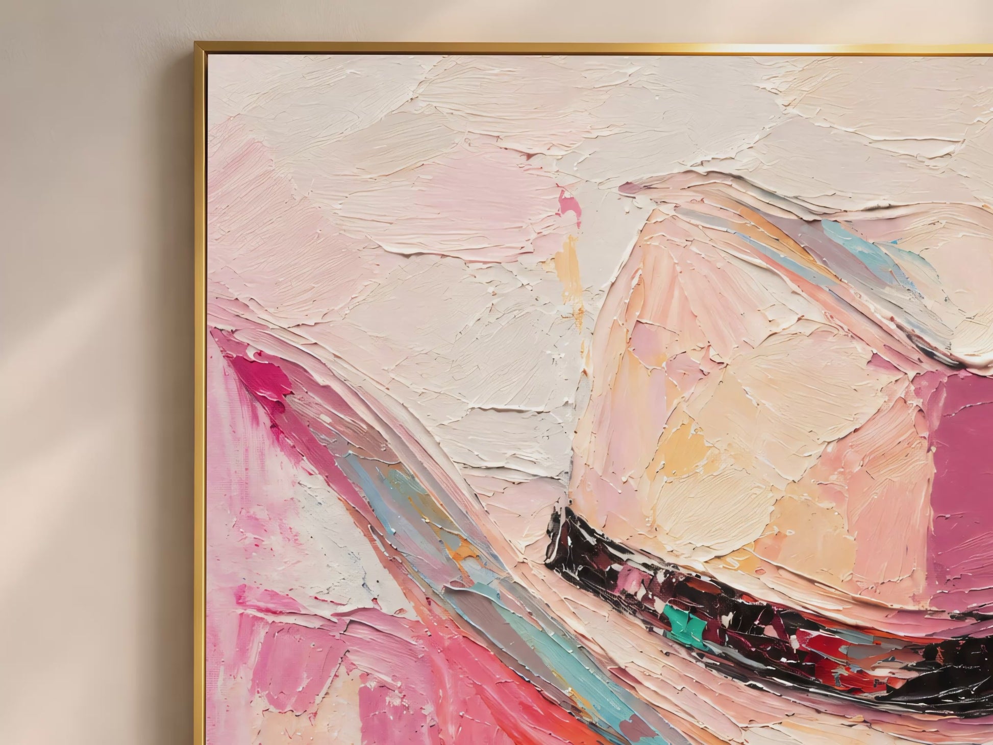 Video thumbnail close-up of impasto cowgirl hat wall art showing blush, pink, and teal brushwork texture detail
