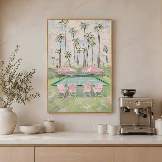 Pink tennis court wall art in gold frame above sideboard with plants in neutral living room (video)
