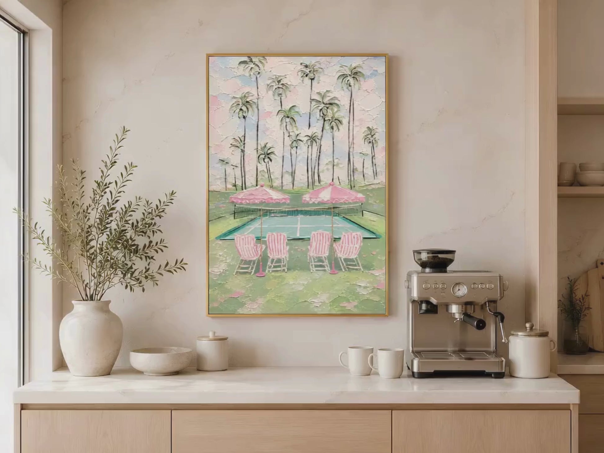 Pink tennis court wall art in gold frame above sideboard with plants in neutral living room (video)
