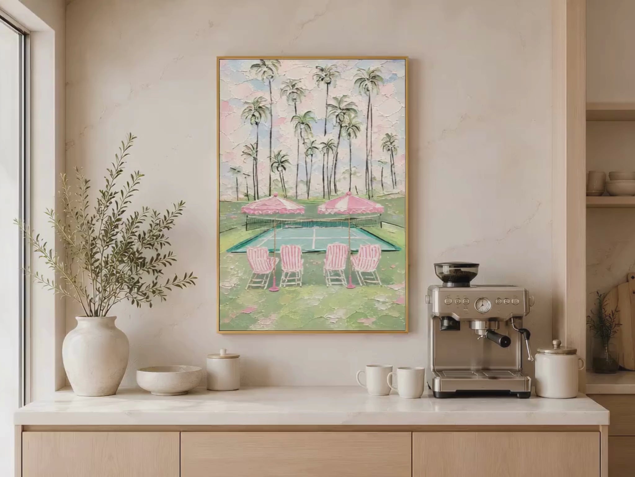 Pink tennis court wall art in gold frame above sideboard with plants in neutral living room (video)
