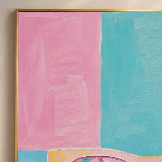 Video thumbnail close-up of impasto retro sunglasses painting showing pink colour-block background detail in teal, yellow, and green