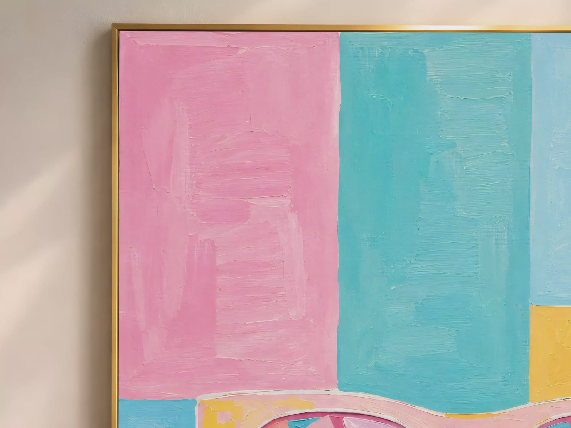 Video thumbnail close-up of impasto retro sunglasses painting showing pink colour-block background detail in teal, yellow, and green