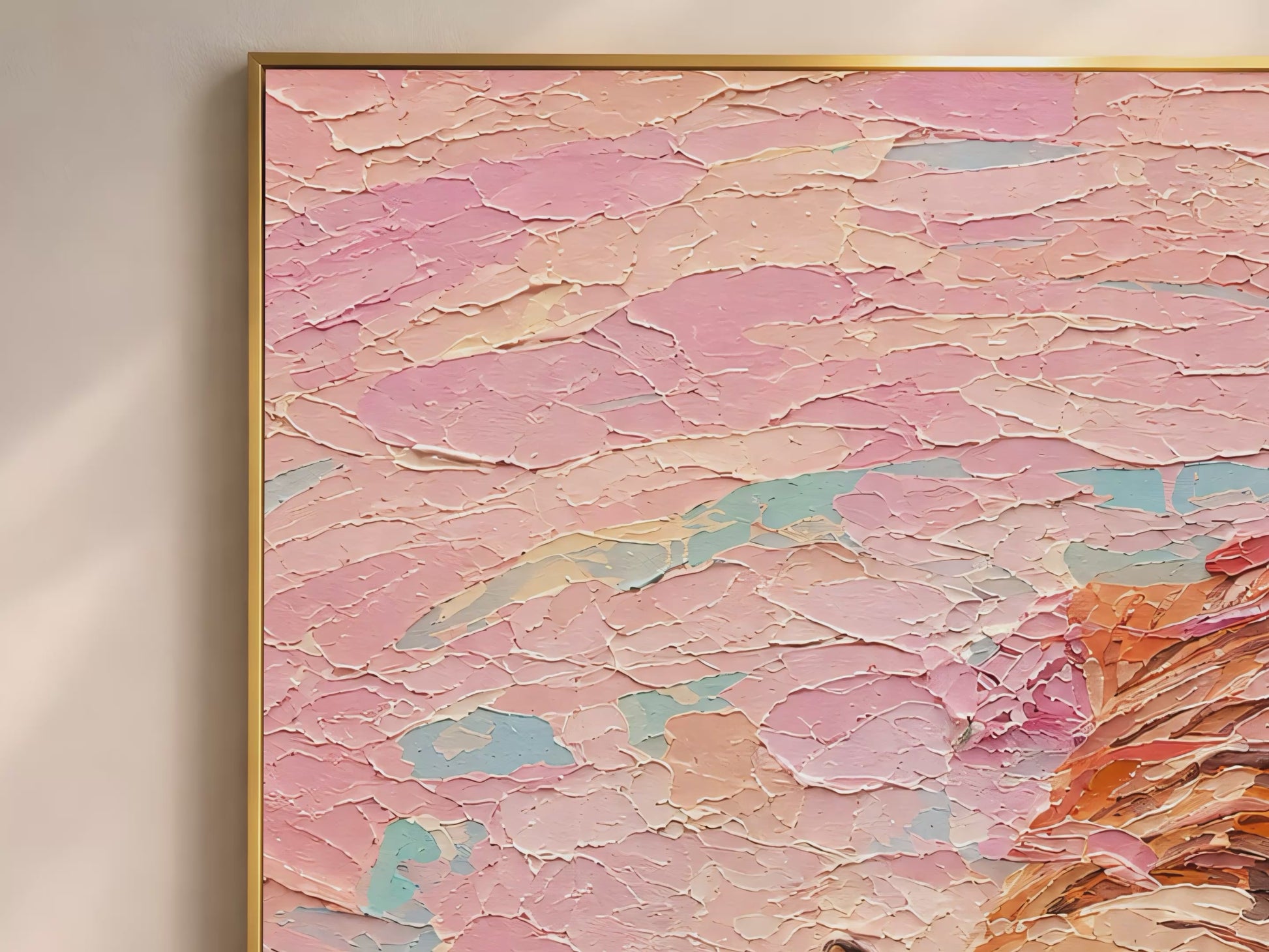 Video thumbnail showing close-up of thick impasto paint texture detail on pastel tiger wall art in pink coral and teal tones
