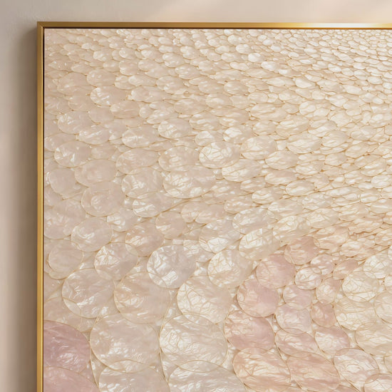 Blush capiz shell wall art video preview in gold frame, pearl mosaic texture closeup
