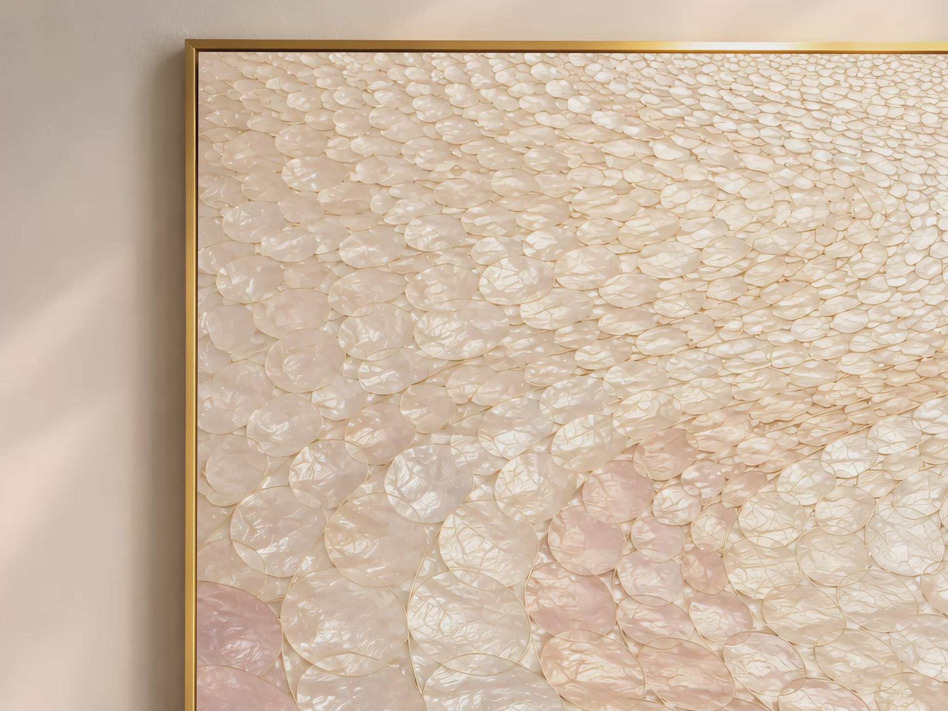 Blush capiz shell wall art video preview in gold frame, pearl mosaic texture closeup
