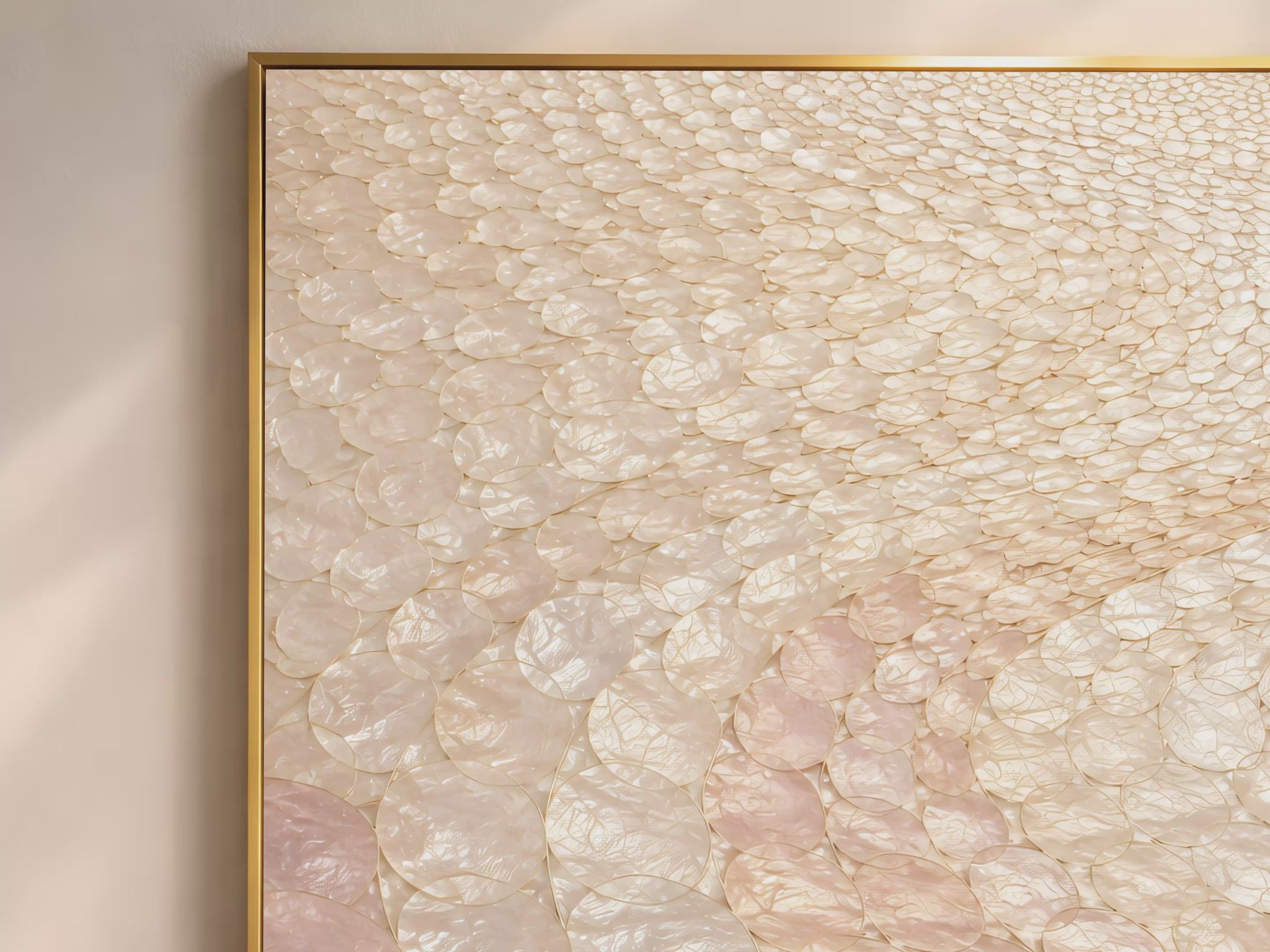 Blush capiz shell wall art video preview in gold frame, pearl mosaic texture closeup
