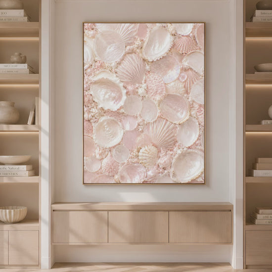 Video preview of blush pink seashell mosaic wall art displayed on a bookshelf wall
