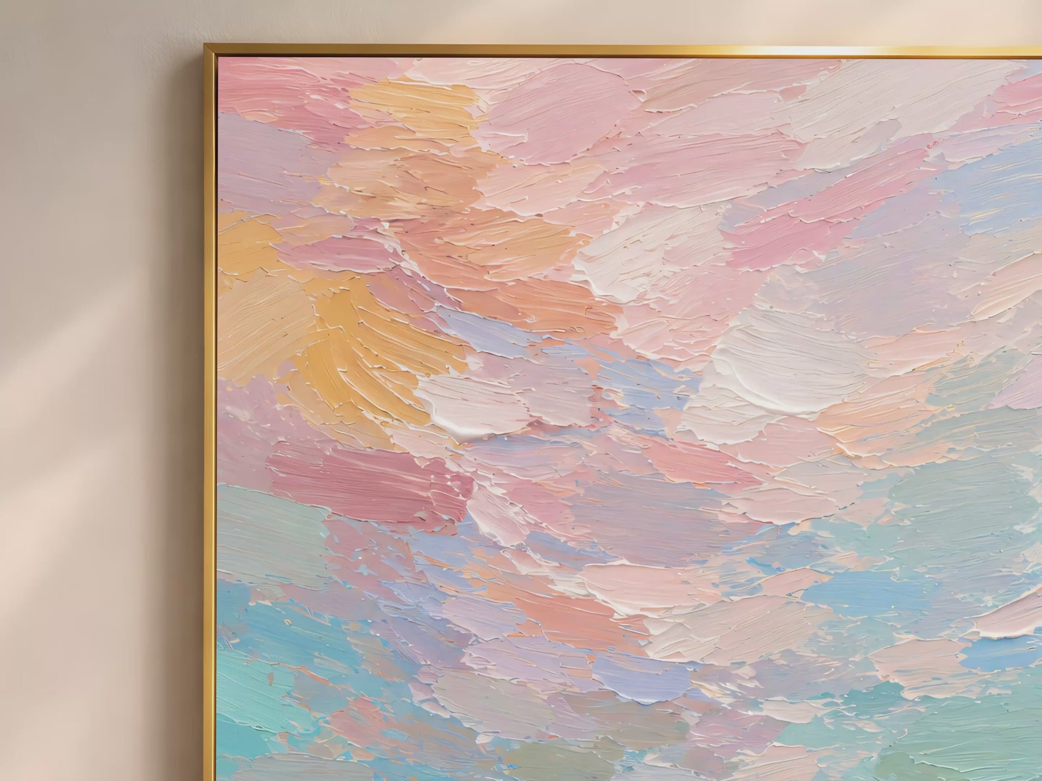 Video thumbnail of impasto sea turtle wall art close-up showing teal, blush, and peach brushwork texture
