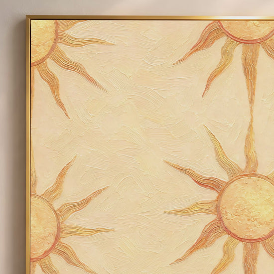 Video thumbnail of boho sun wall art print close-up showing butter yellow sunburst pattern texture, play button overlay.
