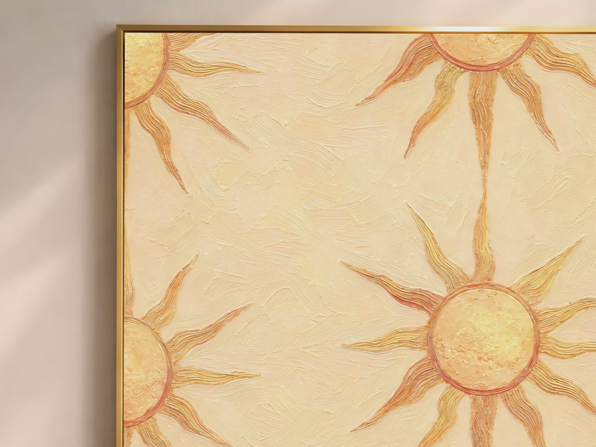 Video thumbnail of boho sun wall art print close-up showing butter yellow sunburst pattern texture, play button overlay.
