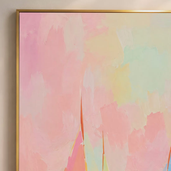 Video thumbnail close-up of impasto pastel sailboat painting showing blush pink and lime green sail detail with soft water reflections
