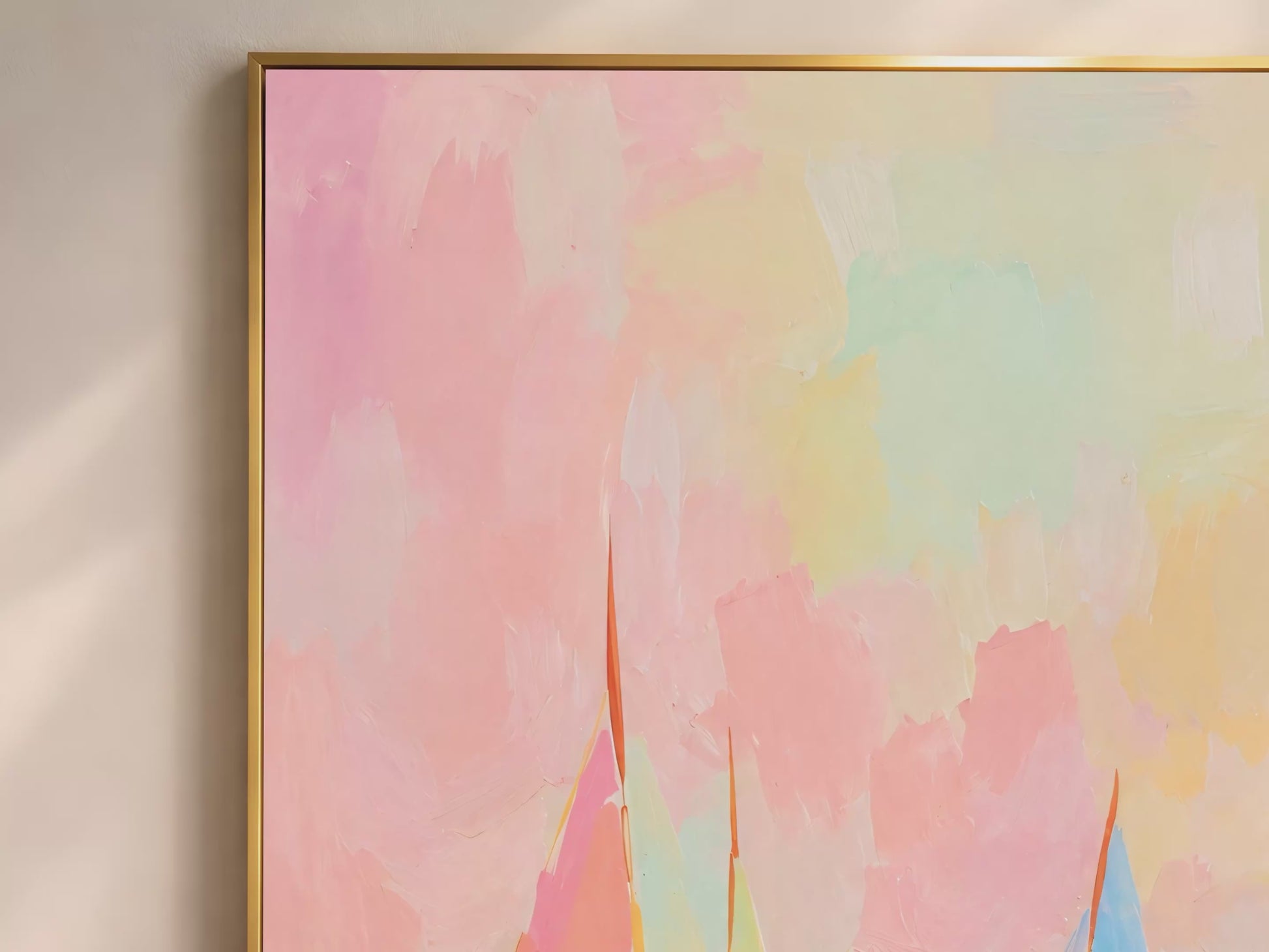 Video thumbnail close-up of impasto pastel sailboat painting showing blush pink and lime green sail detail with soft water reflections
