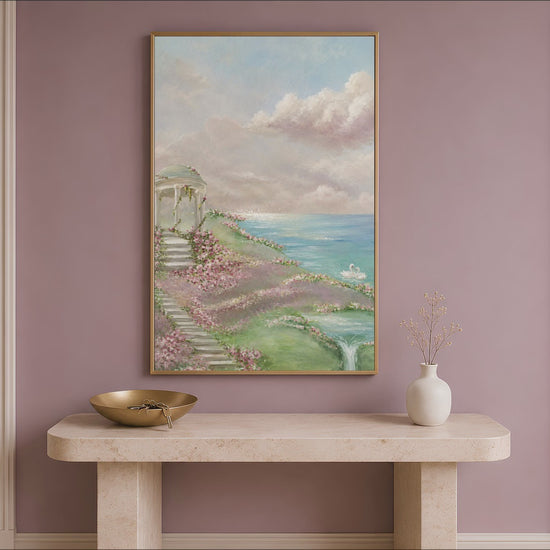 Video preview of romantic garden gazebo print framed above a console table in an entryway