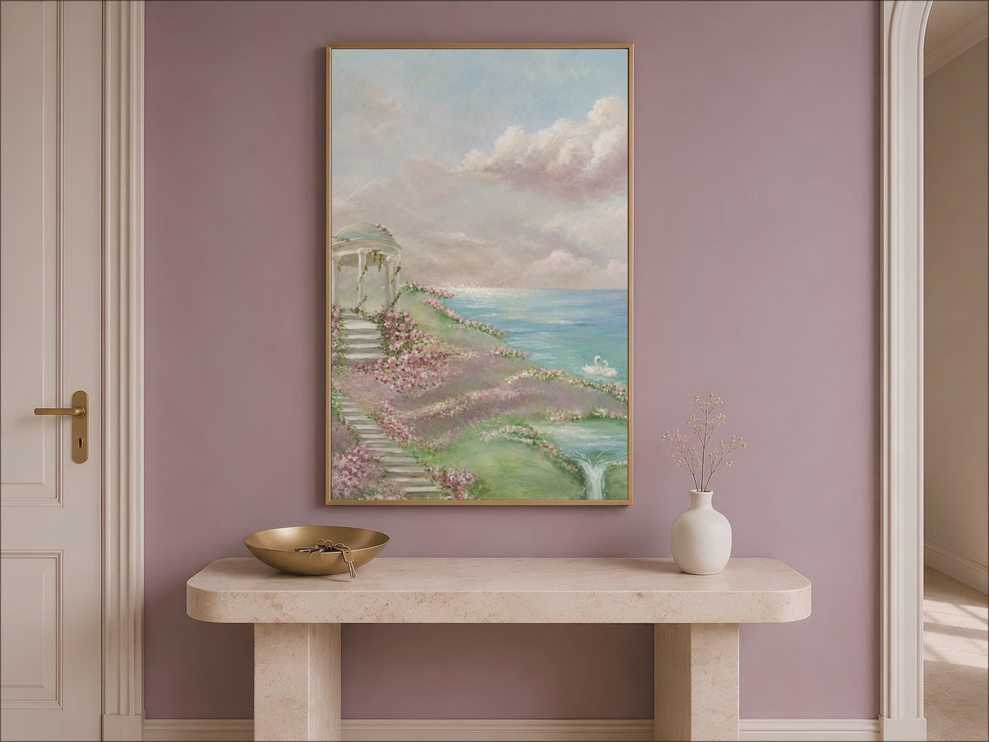 Video preview of romantic garden gazebo print framed above a console table in an entryway