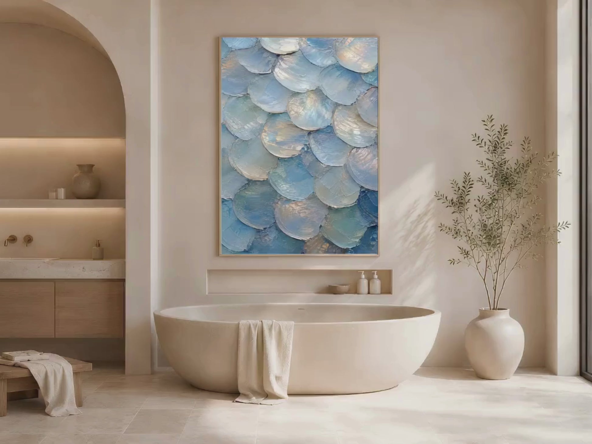Video of iridescent capiz shell wall art framed in gold above a bathtub in coastal bathroom
