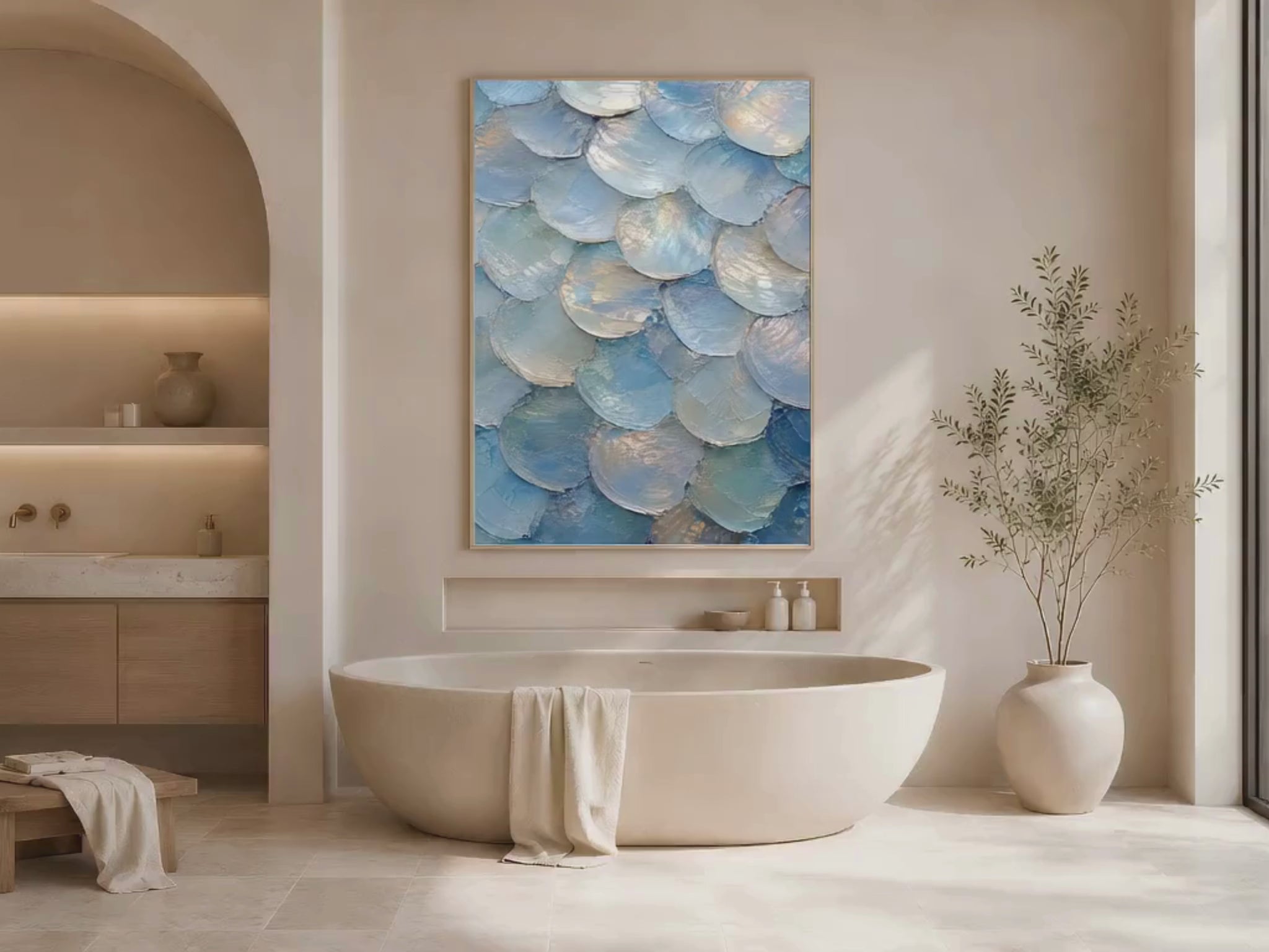 Video of iridescent capiz shell wall art framed in gold above a bathtub in coastal bathroom

