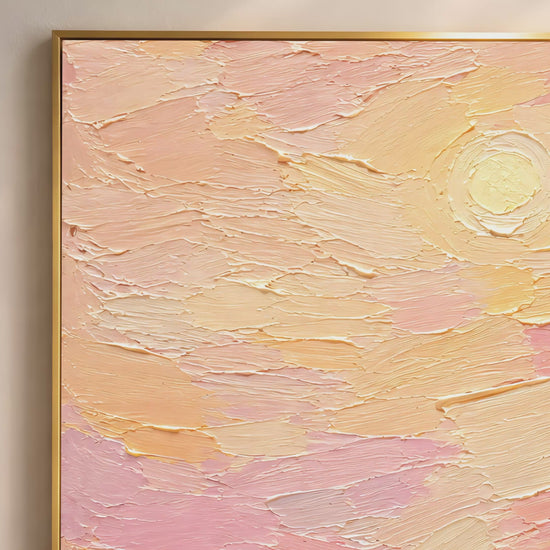 Video preview of cross on hill sunset wall art print showing blush pink and butter yellow impasto texture detail.