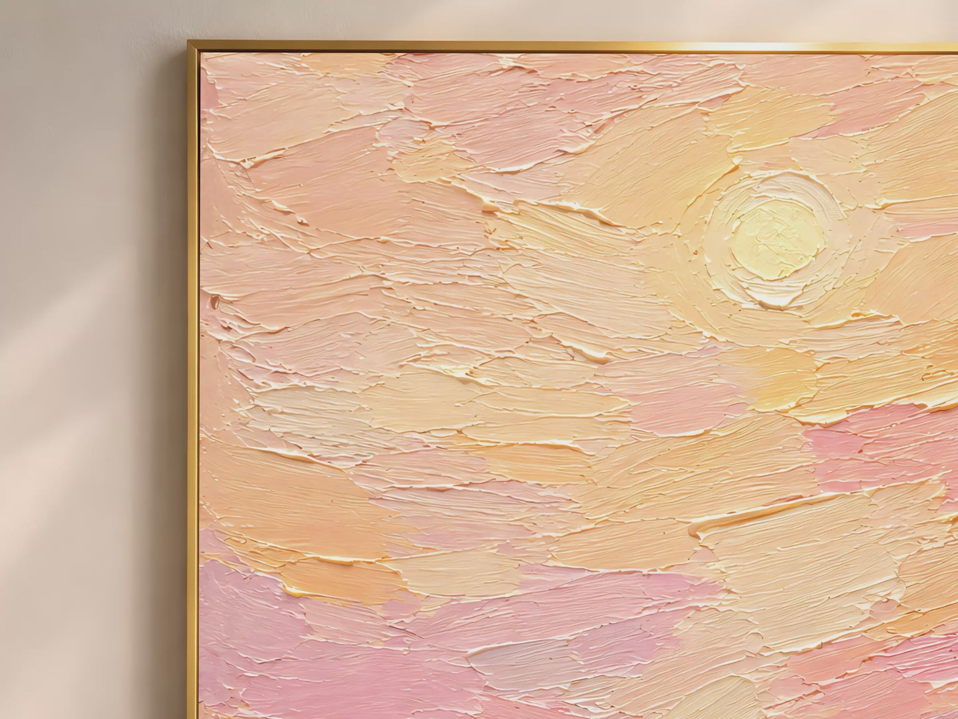 Video preview of cross on hill sunset wall art print showing blush pink and butter yellow impasto texture detail.