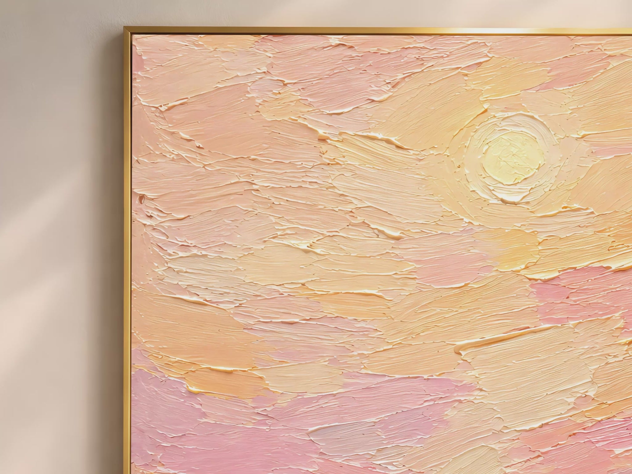 Video preview of cross on hill sunset wall art print showing blush pink and butter yellow impasto texture detail.