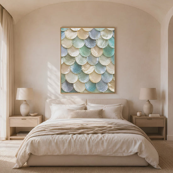 Video preview of moonstone quiet luxury wall art framed above a bed in a light-filled bedroom