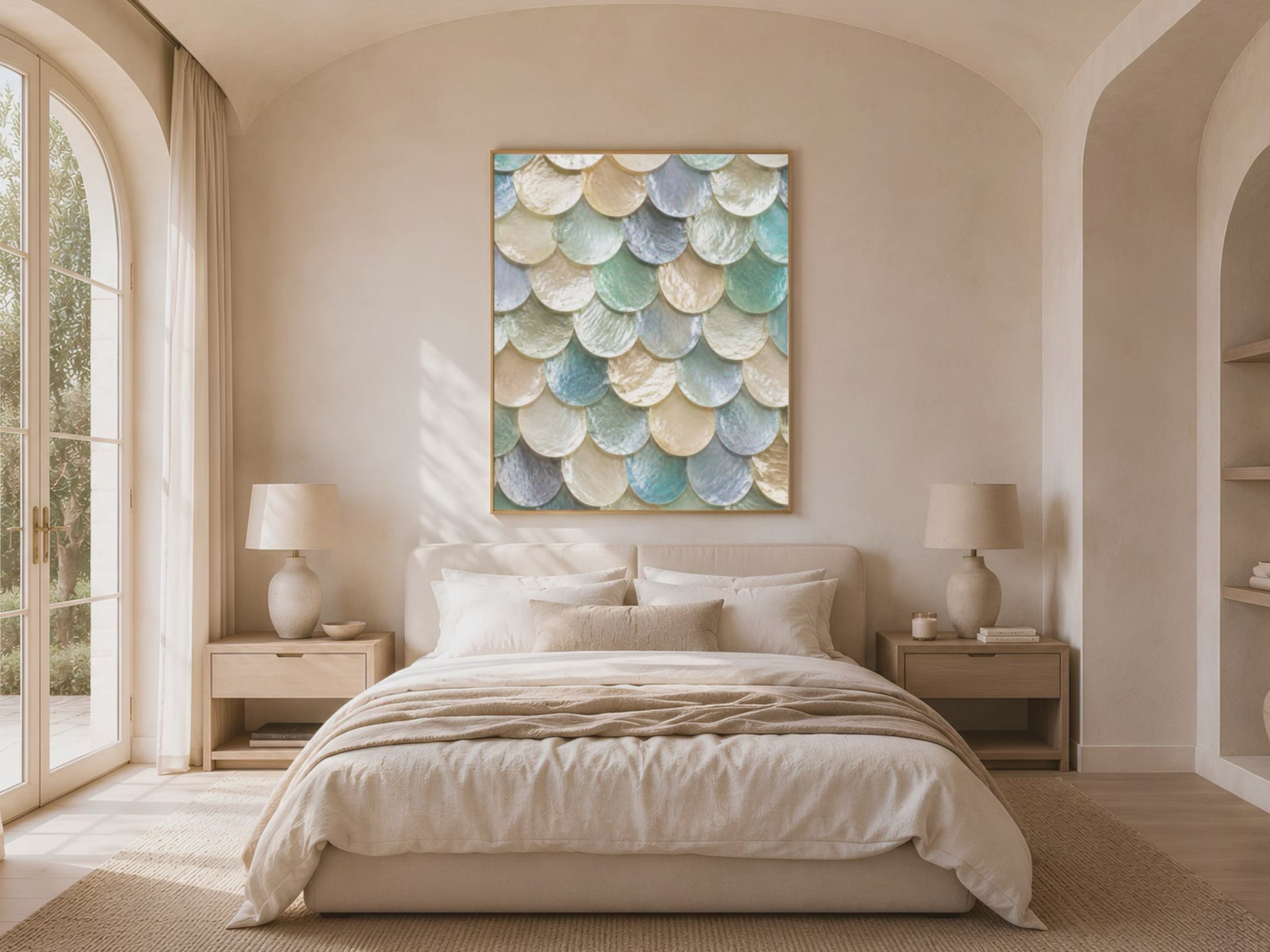 Video preview of moonstone quiet luxury wall art framed above a bed in a light-filled bedroom