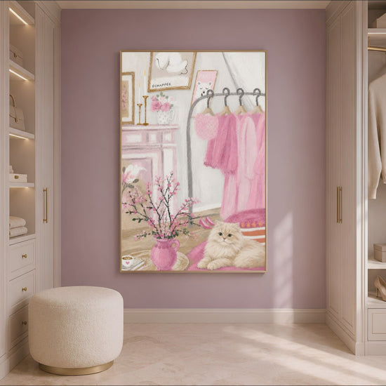 Pink Parisian coquette wall art styled in a walk-in closet with hanging clothes (video)
