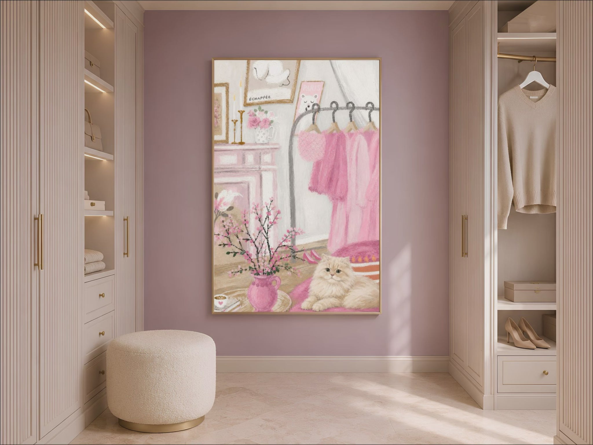 Pink Parisian coquette wall art styled in a walk-in closet with hanging clothes (video)
