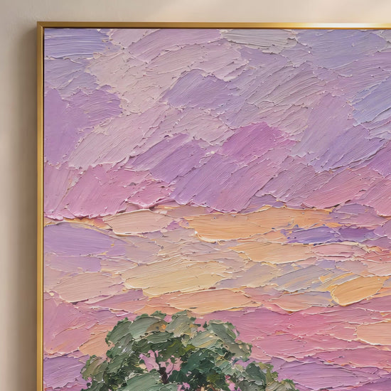 Farmhouse horse sunset impasto oil painting video mockup thumbnail showing thick palette knife texture across the lavender pink orange sunset sky with chestnut horse and barn in a warm interior setting

